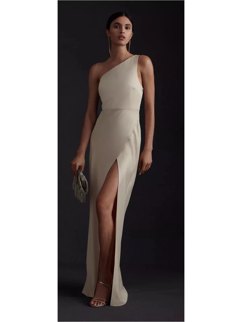 BHLDN Dylan One-Shoulder Satin Side-Slit Gown Champagne US 4